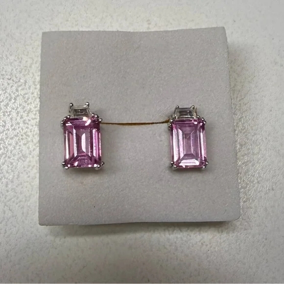 Pink and White Emerald-Cut Topaz Stud Earrings - Picture 1 of 6